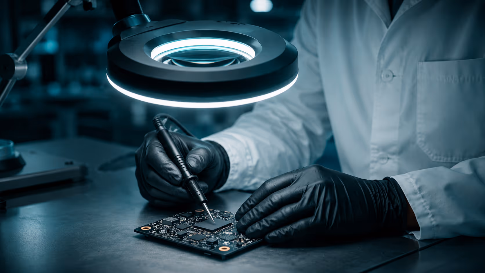 Technician wearing gloves repairing a circuit board under a bright magnifying lamp.