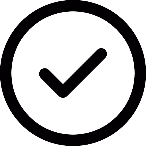 Black check mark inside a black circle on a white background.