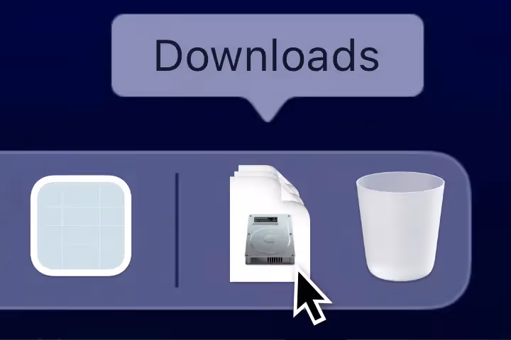 Mac Dock showing Finder icon, Downloads folder with a hard drive image and cursor pointing to it, and Trash bin.