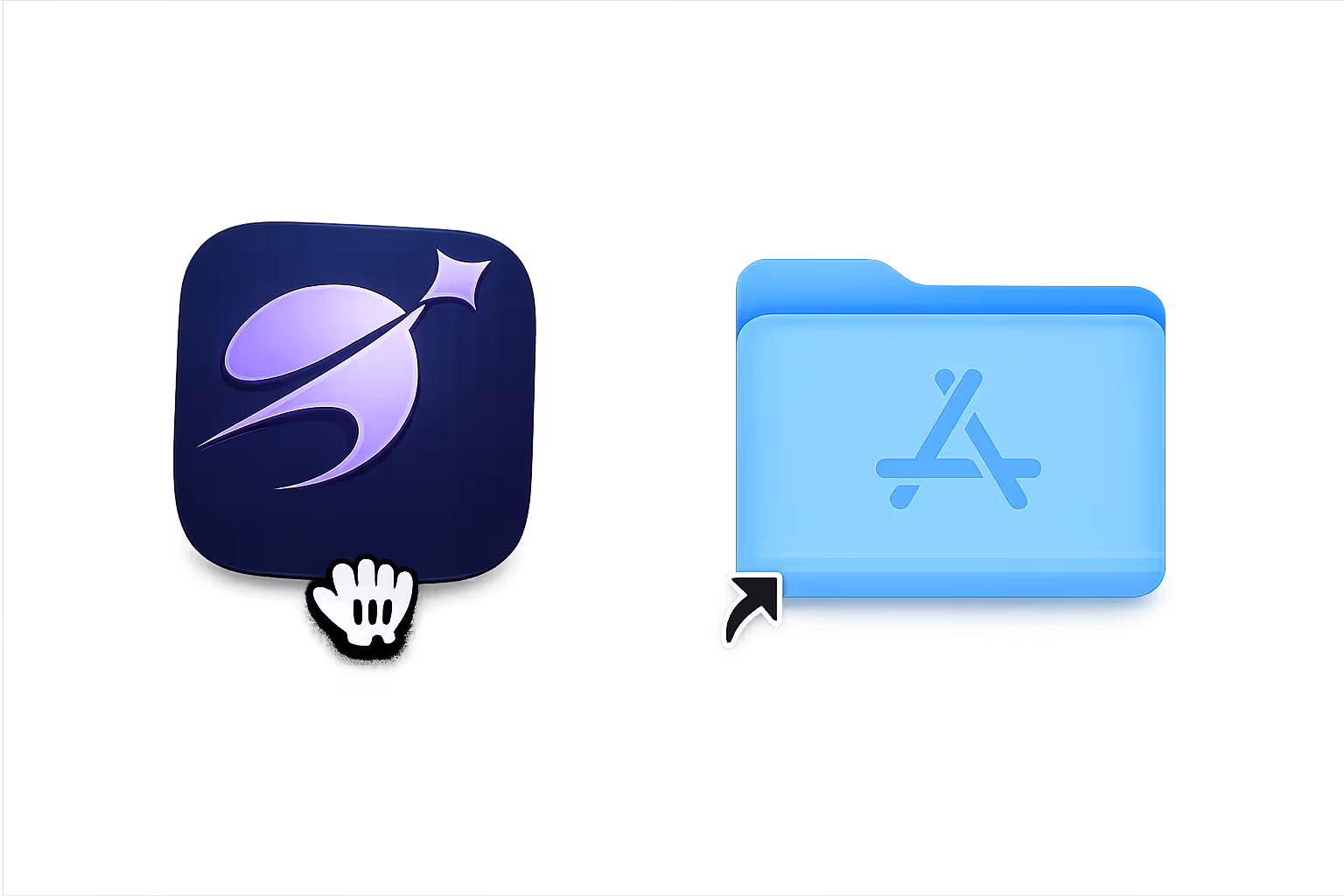 Cursor hand dragging Stylus app icon towards a blue Applications folder shortcut on a gray background.