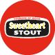 Sweetheart Stout logo with white and yellow text on black oval, set on red circle background.