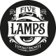Logo with five black and white vintage lamps and the text 'FIVE LAMPS LOCALLY ROASTED'.