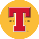 Red T with white outline over yellow circle and small text 1885 and 1886 on sides