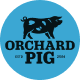 Black pig silhouette with Orchard Pig text inside a blue circle logo.