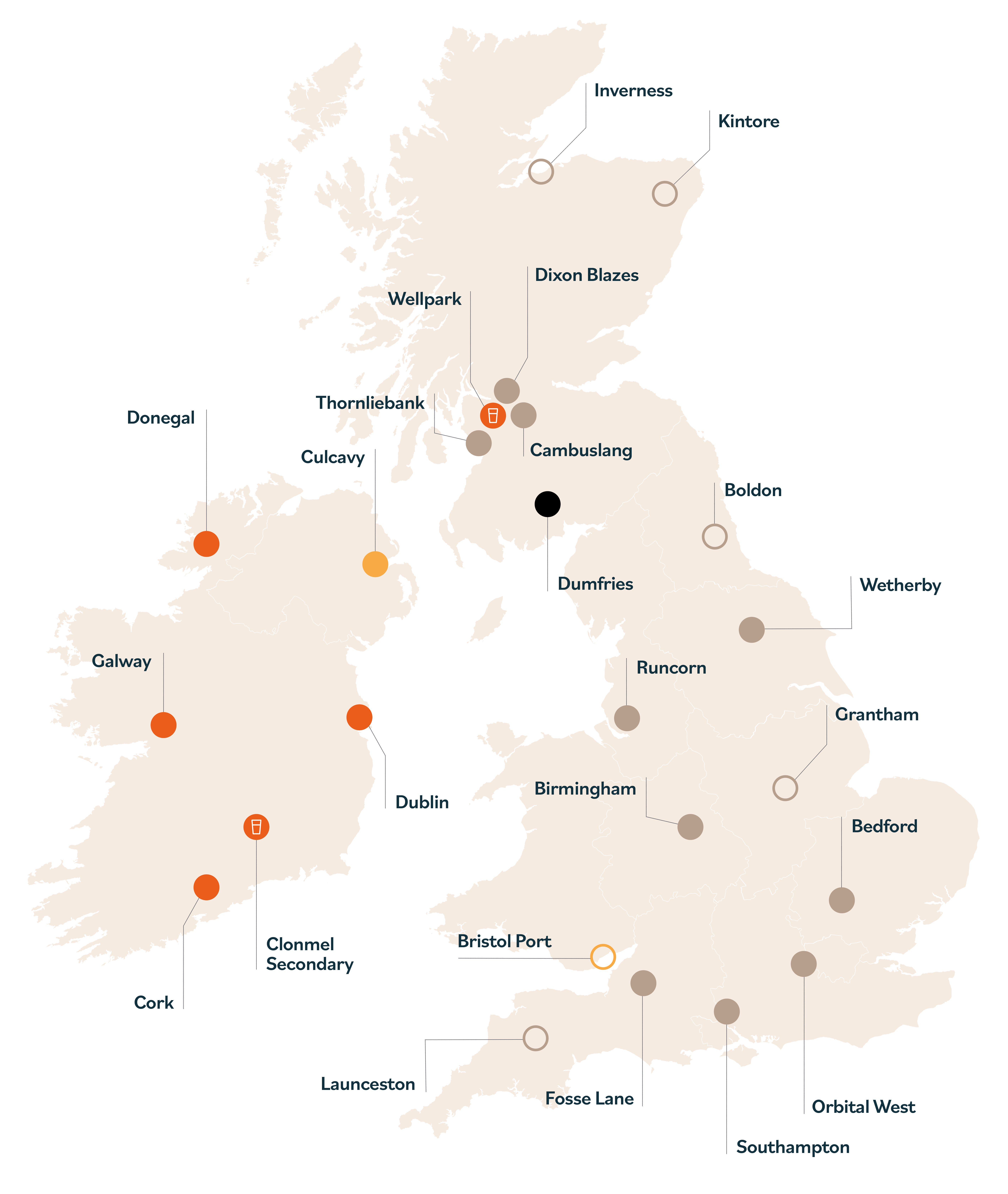Map of UK and Ireland showing labeled locations with colored dots marking cities and towns.