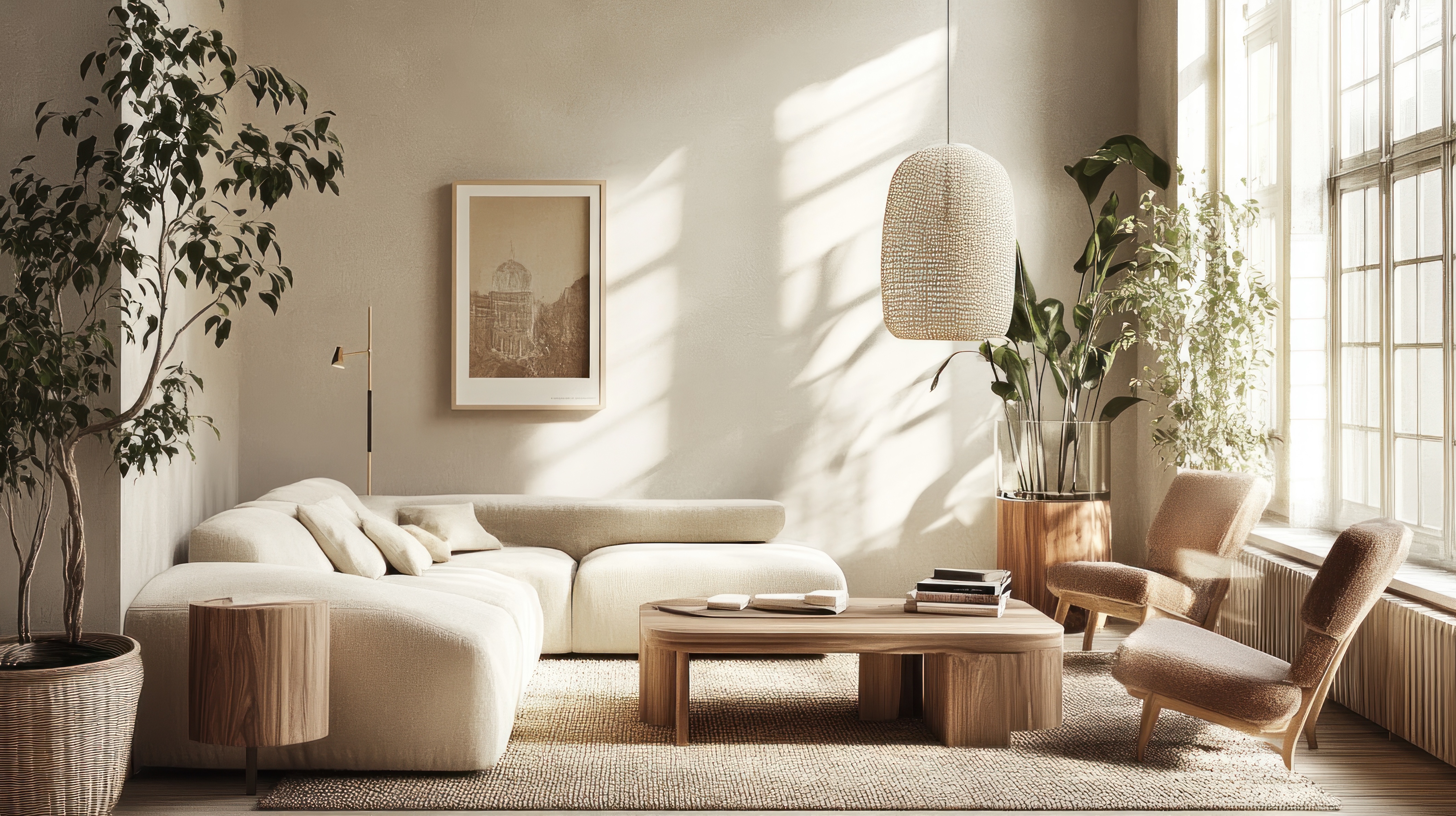 Harmonisches Wohnzimmer mit natürlichem Licht, inspiriert von Feng Shui und moderner Raumgestaltung.