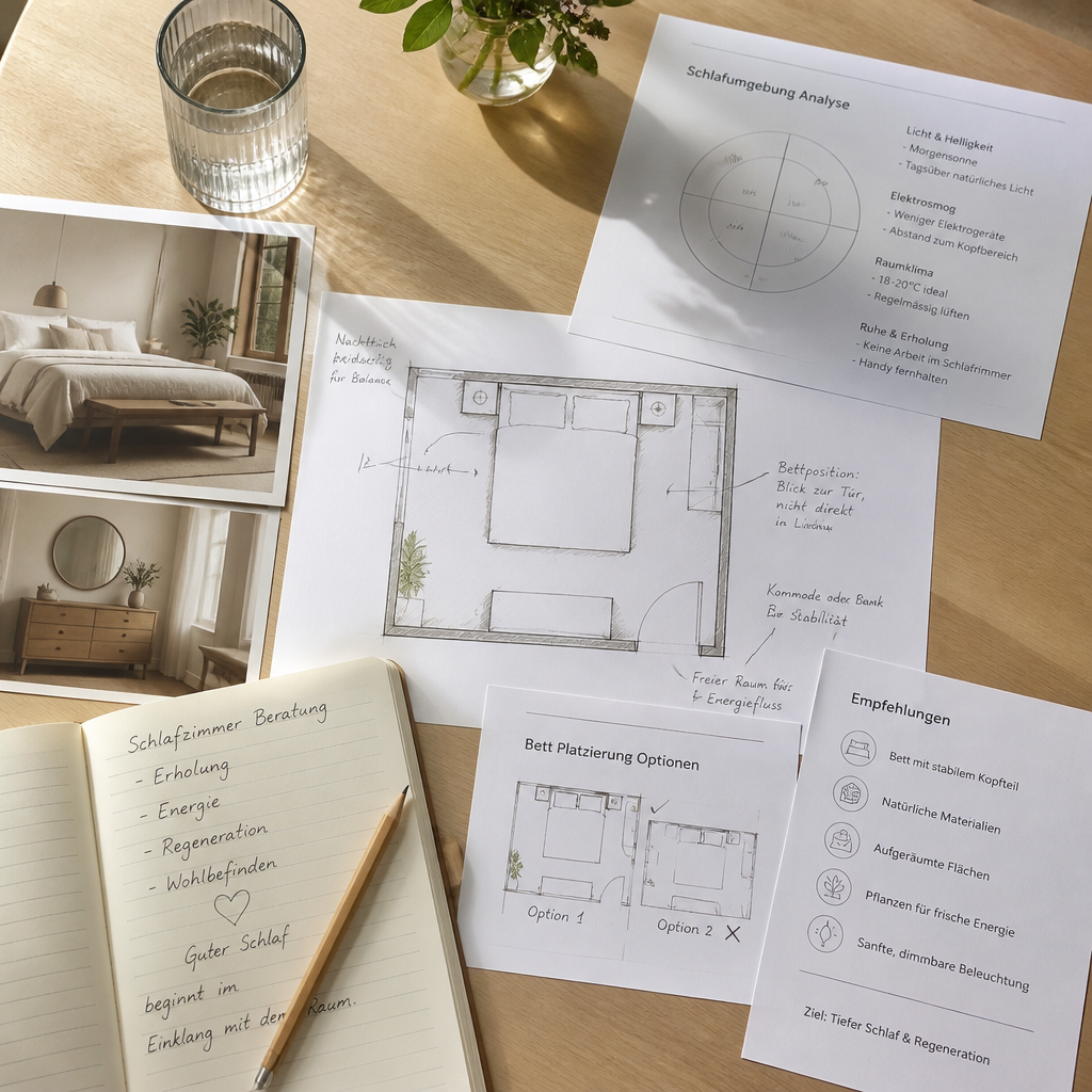 Persönliches Schlafraum-Konzept mit Feng Shui, Bettposition, Raumanalyse und Empfehlungen für mehr Schlafqualität und Regeneration.