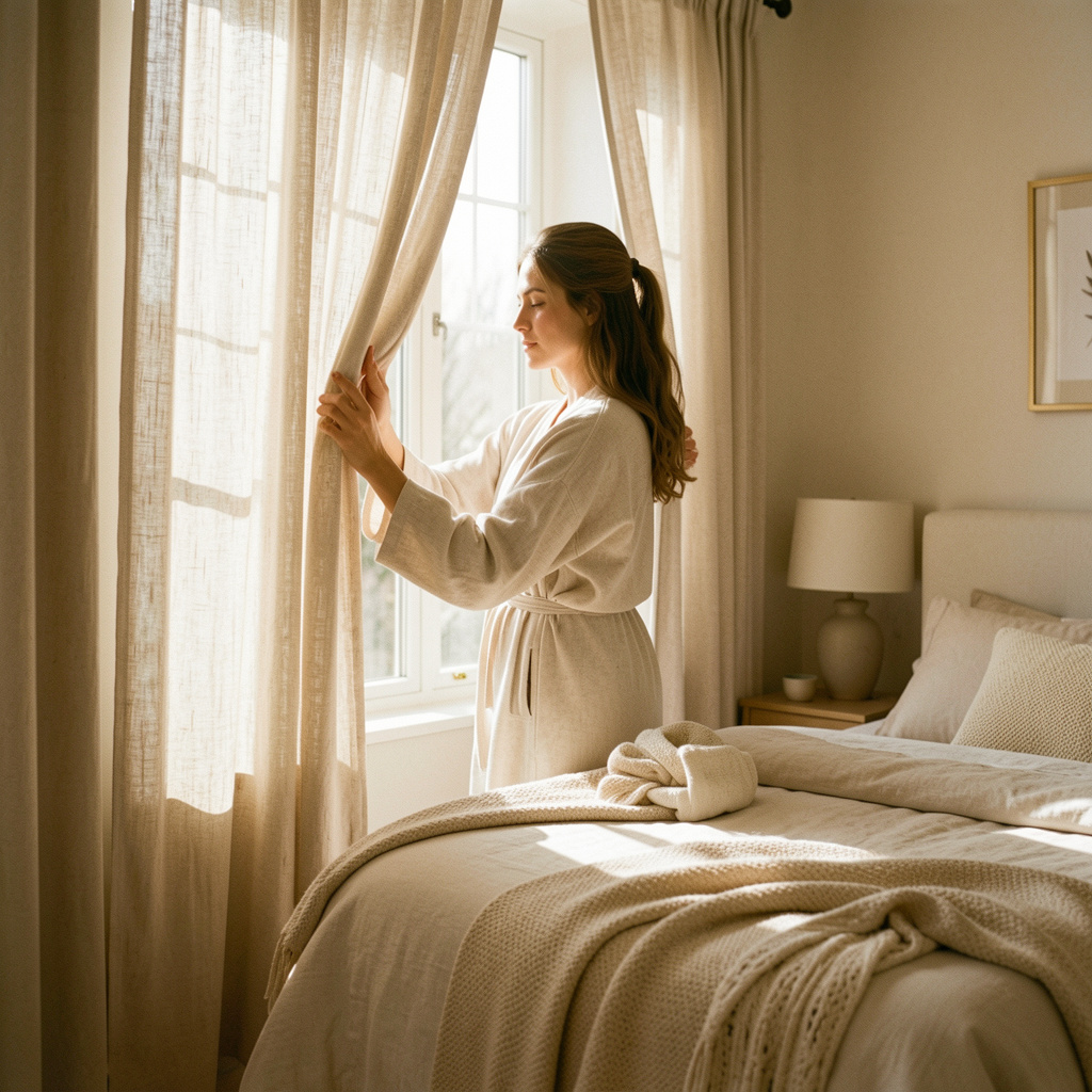 Frau gestaltet ihr Schlafzimmer durch bewusstes Licht und Raumgestaltung für besseren Schlaf, mehr Regeneration und Wohlbefinden nach einer Feng Shui Beratung