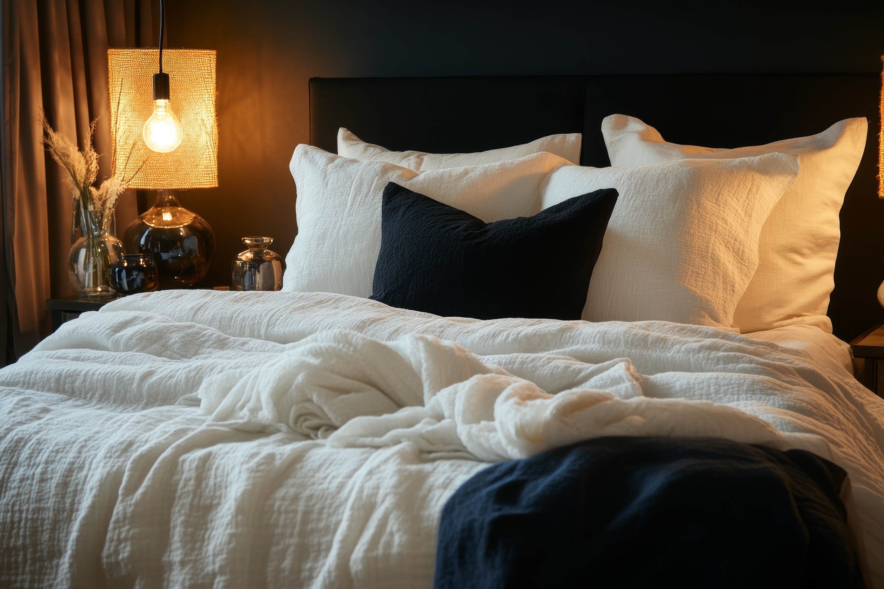 Schlafzimmer mit harmonischer Farbgestaltung, natürlichen Materialien und ruhiger Atmosphäre für mehr Schlafqualität, Regeneration und Wohlbefinden.