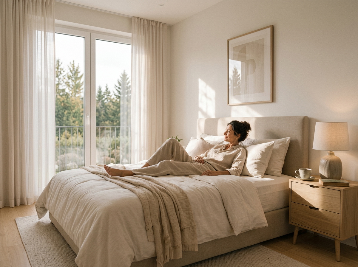 Harmonisch gestaltetes Schlafzimmer mit natürlichem Licht für mehr Schlafqualität, Regeneration und Wohlbefinden.