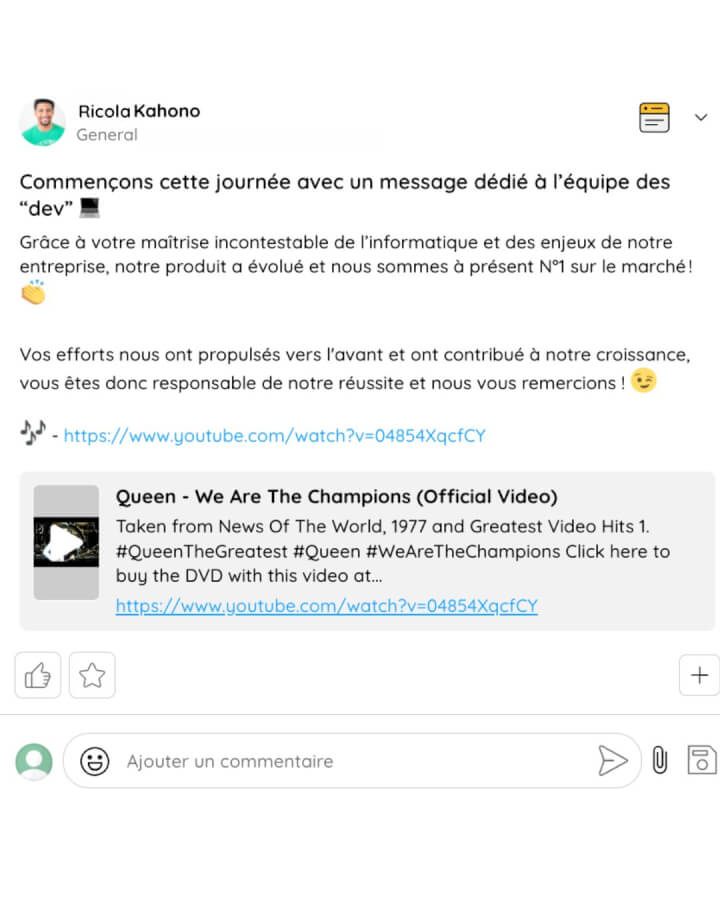 Exemple de publication de félicitation reconnaissance sur Talkspirit pour l'article tendances pour améliorer la collaboration en entreprise