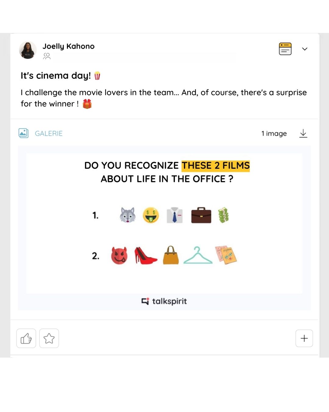 Example of a humorous publication inspired by culture on an enterprise social media