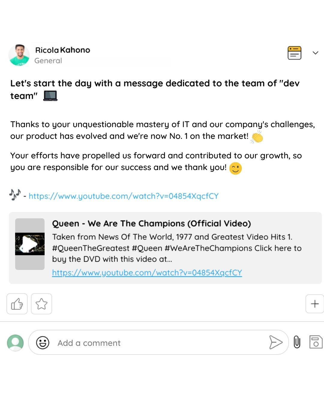Example of a publication with music content on an Enterprise Social Network