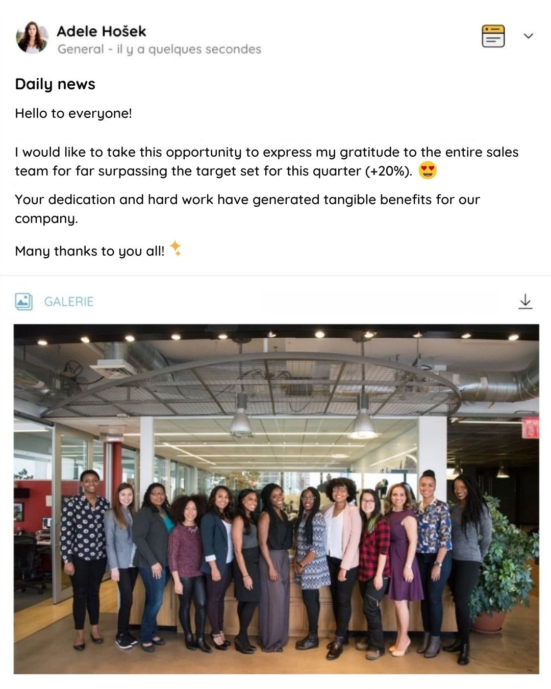 Example of a thank-you publication with a photo of the group on an enterprise social network