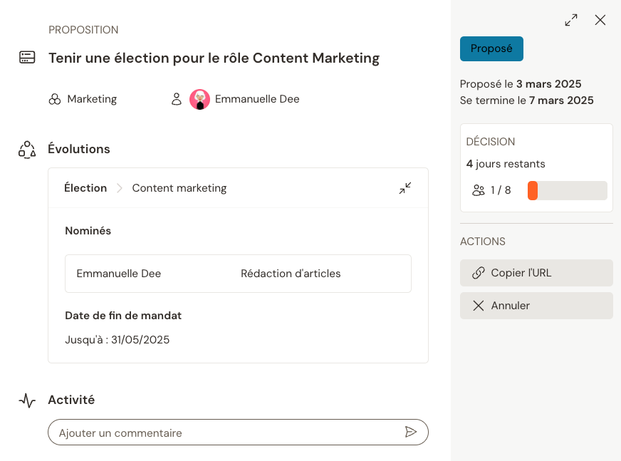 Soumission d’une proposition sur Talkspirit via un processus de décision par consentement, mis en place dans plusieurs modèles de gouvernance, notamment l'Holacratie et la sociocratie