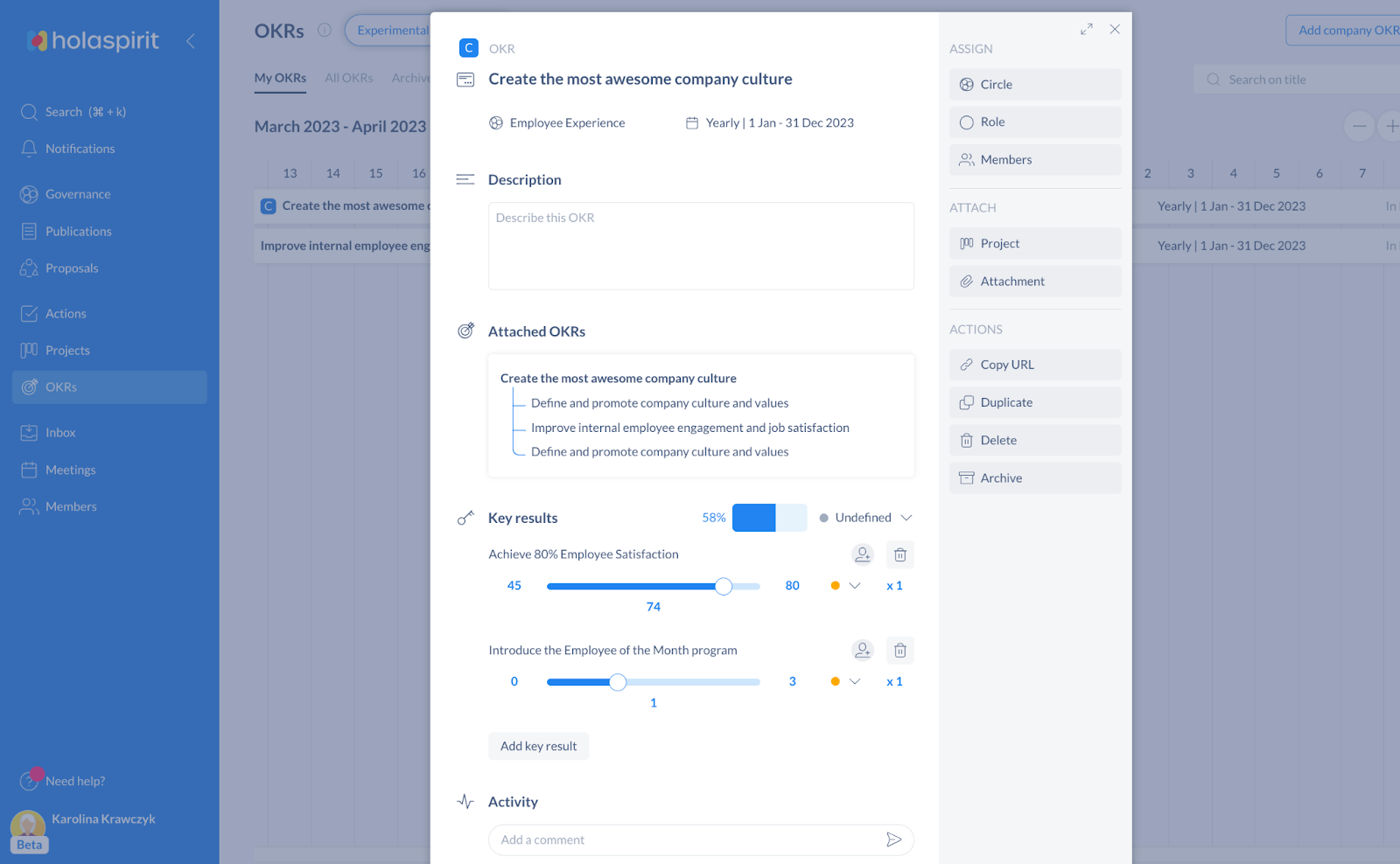 Tracking on OKR for knowledge capitalization on Holaspirit