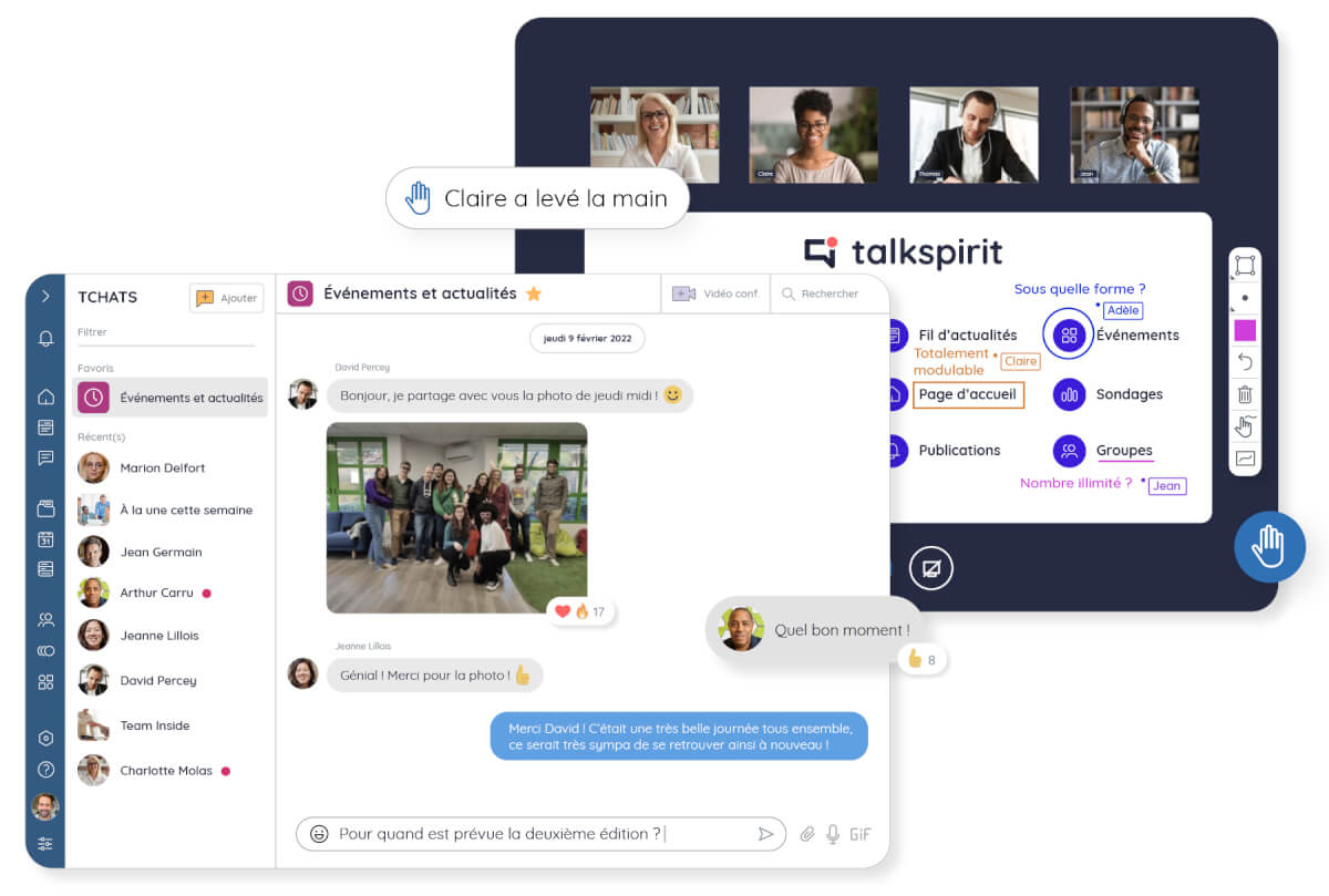 Fonctionnalité tchat et webinaire sur Talkspirit pour article des tendances pour améliorer la collaboration en entreprise
