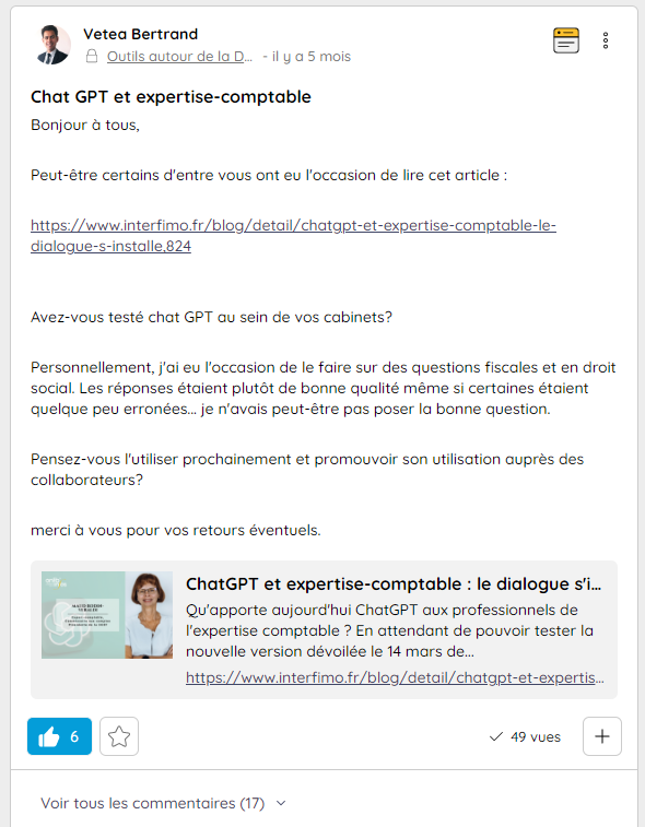 Example of a post shared on the Talkspirit platform of the National Council of the Order of Chartered Accountants
