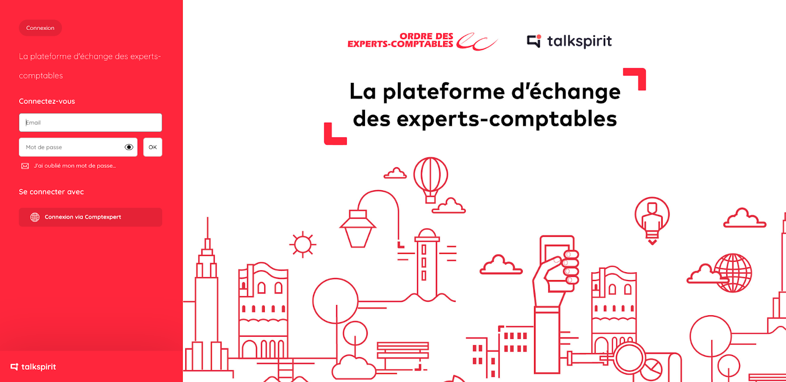 Login page of the CNOEC’s Talkspirit platform, which aims to accelerate the digitalization of chartered accountants