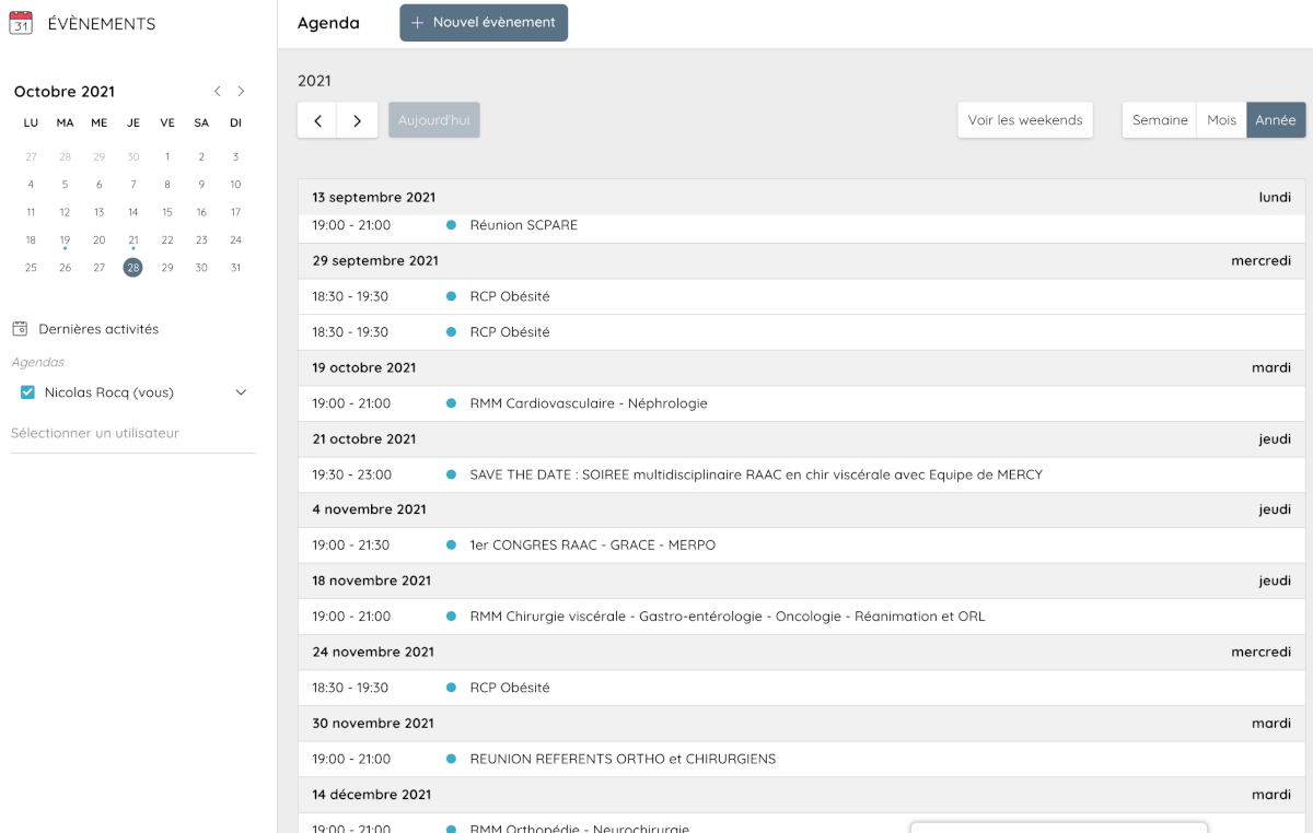 Vue agenda sur les réunions qui facilitent la capitalisation de l'information