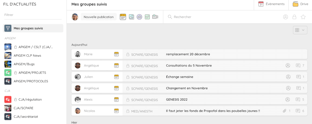 fil d'actualités de la plateforme talkspirit de SCPARE présentant les différentes publications du groupe SCPARE/GENESIS