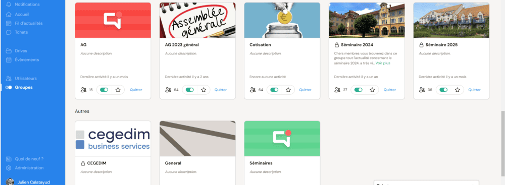 Aperçu des groupes créés sur Talkspirit par le club Smart RH pour animer sa communauté d'utilisateurs