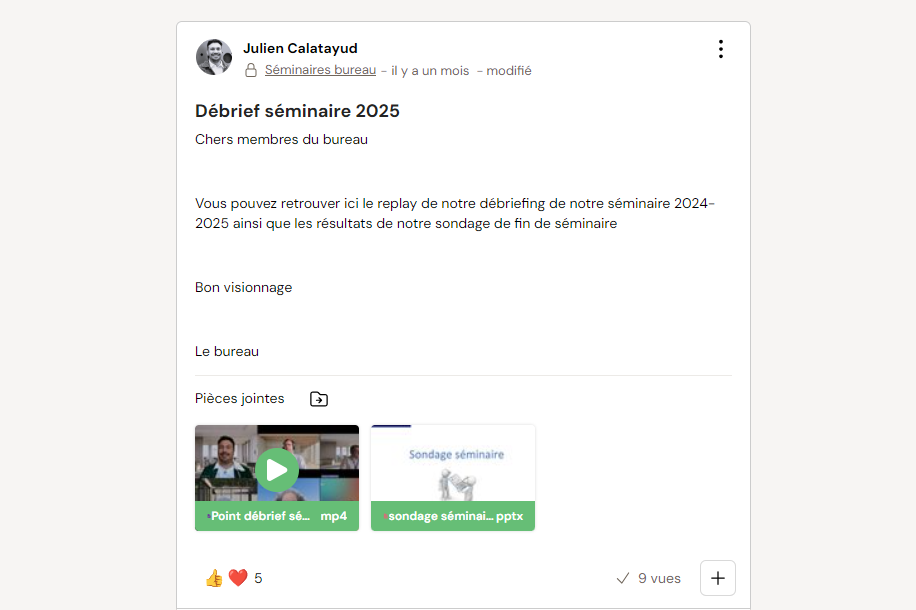 Partage d'une publication sur le dernier séminaire pour animer la communauté d'utilisateurs du club Smart RH