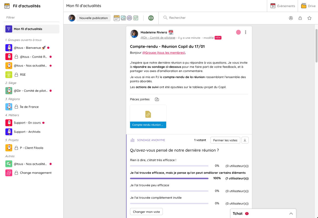 Partage d’un compte-rendu de réunion dans une publication Talkspirit