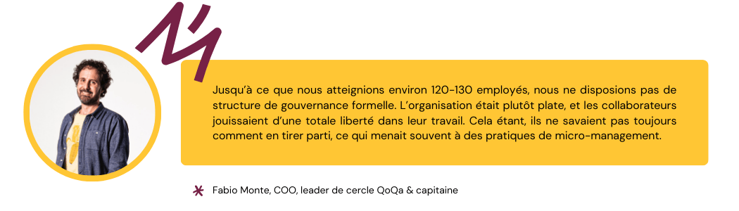 Citation de Fabio Monte qui explique les problématiques rencontrées par QoQa avant de mettre en place l'Holacratie