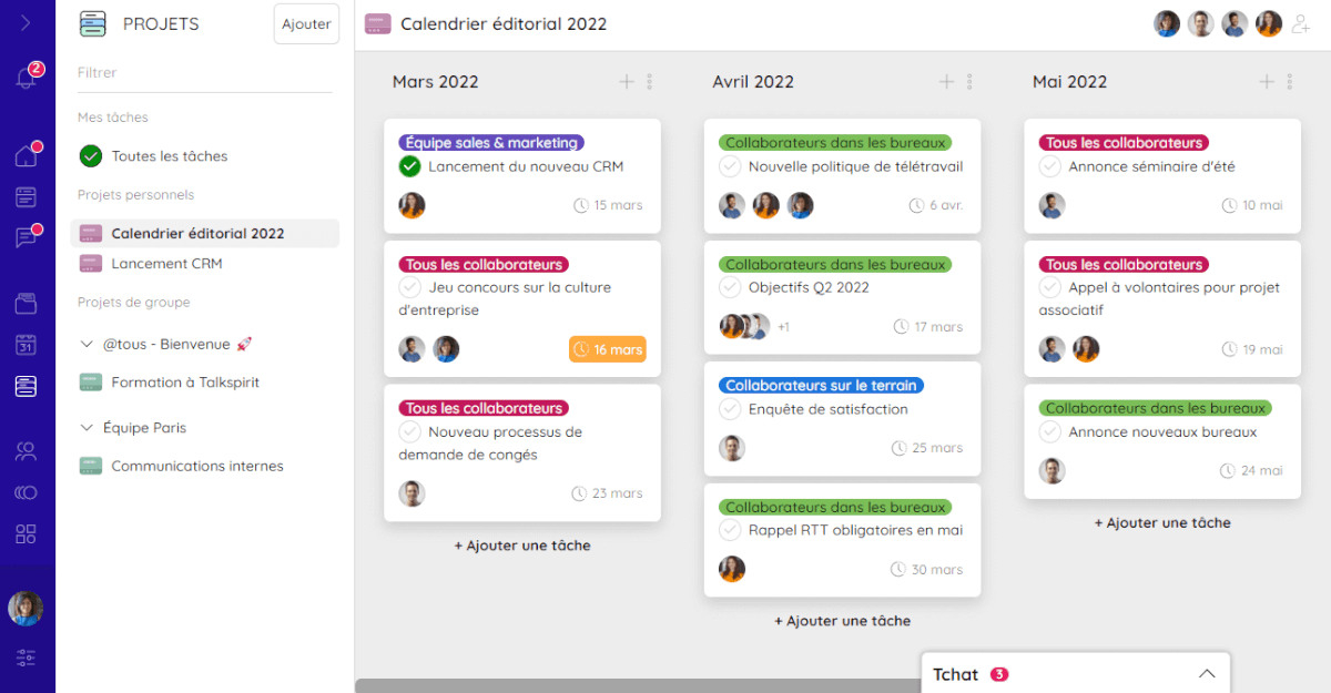 Suivi des actions de communication interne sur le module Projets de Talkspirit