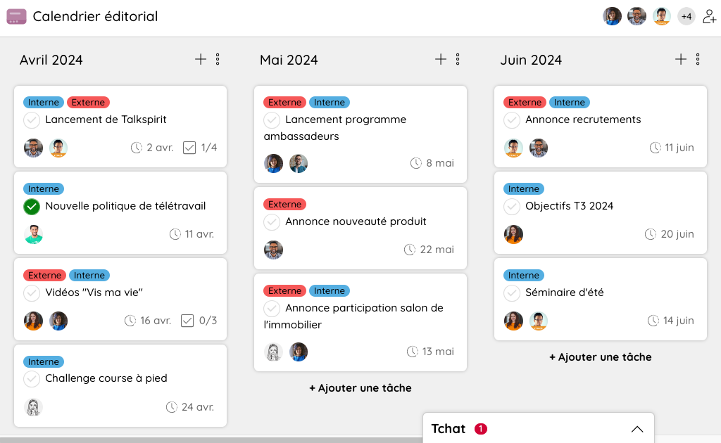 Création d’un calendrier éditorial sur le module Projets de Talkspirit pour aligner la communication interne et externe