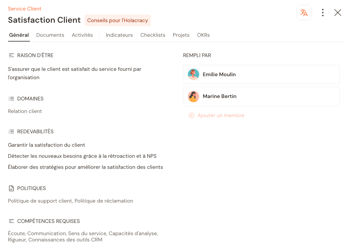 Documentation de la raison d'être et des responsabilités d'un rôle sur Talkspirit