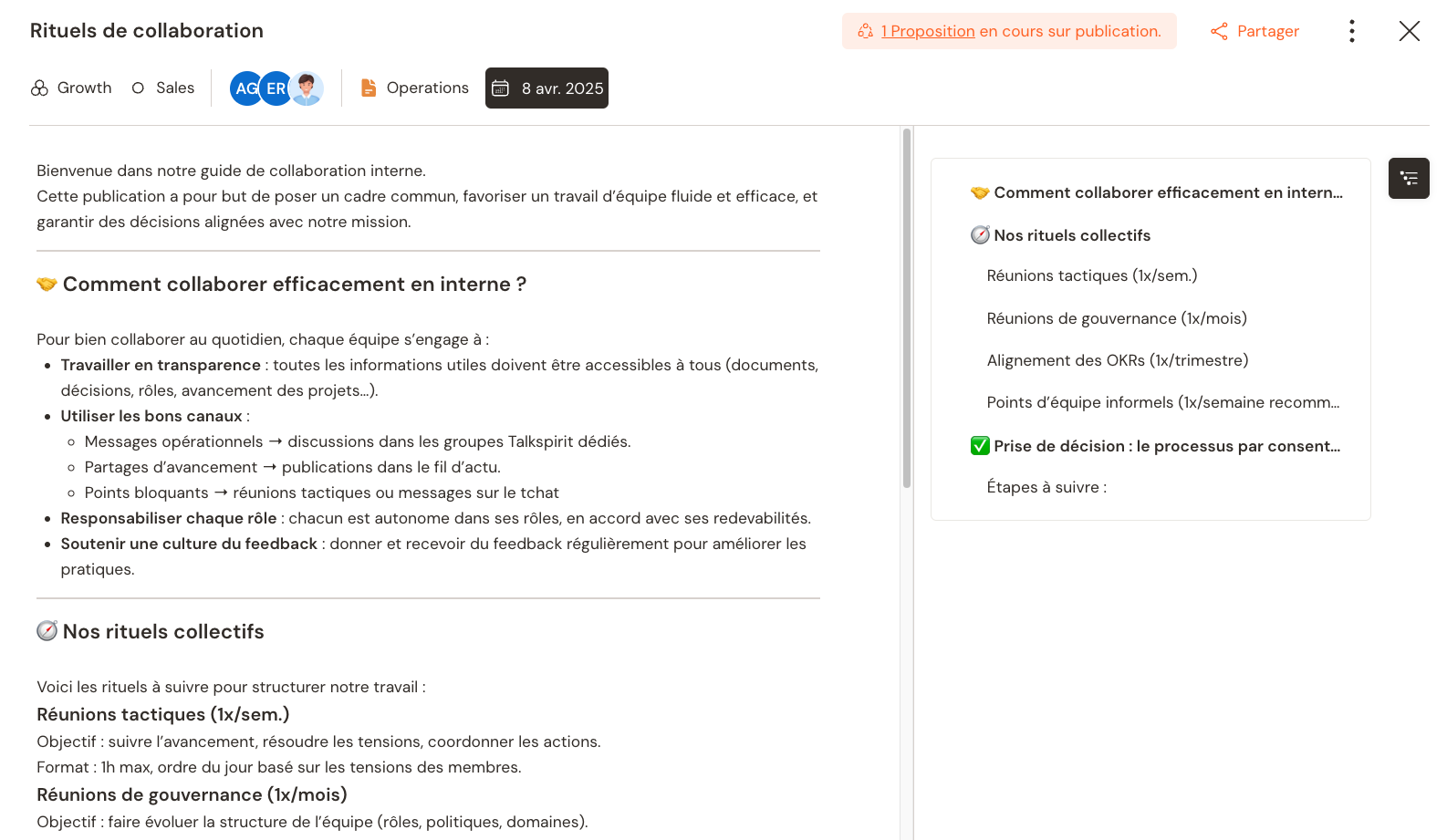 Documentation des rituels de collaboration des équipes sur Talkspirit