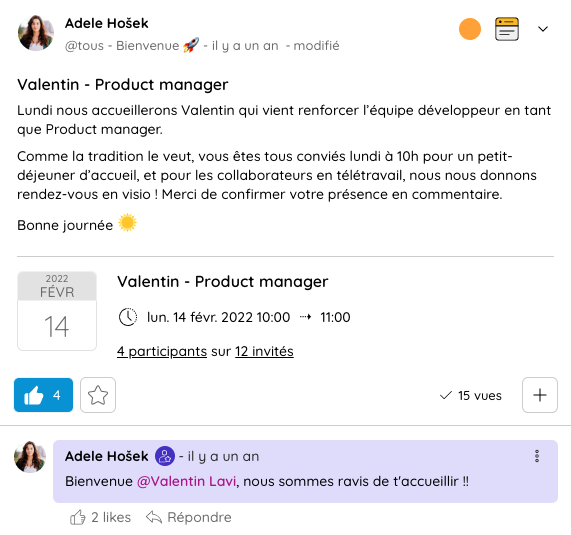 Exemple de publication de bienvenue pour mettre en place un réseau social d'entreprise
