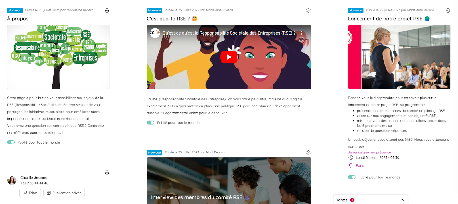 Portail d'accueil Takspirit mettant en avant des actions de communication interne RSE