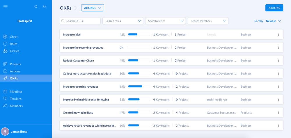 Goal tracking on CSR initiatives with the OKR method on Holaspirit
