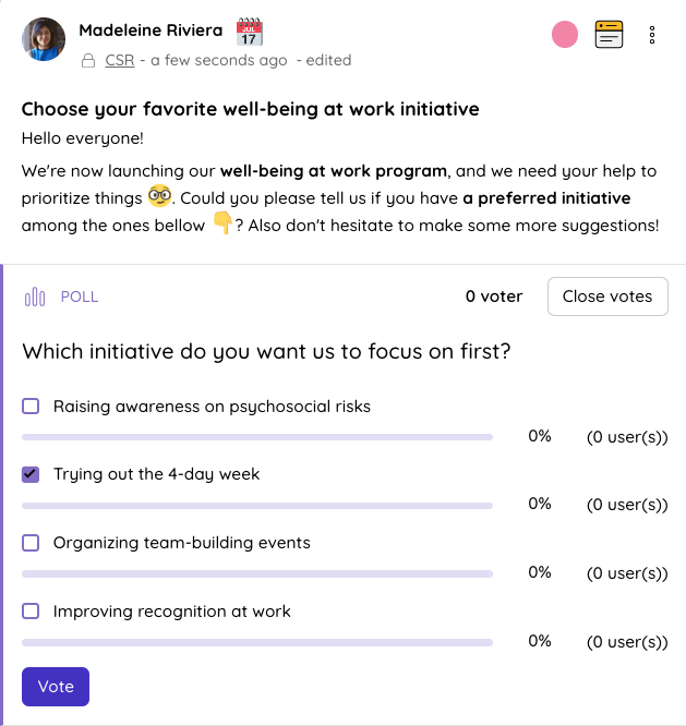 Example of a publication on Talkspirit's news feed: a feature for internal communication on CSR