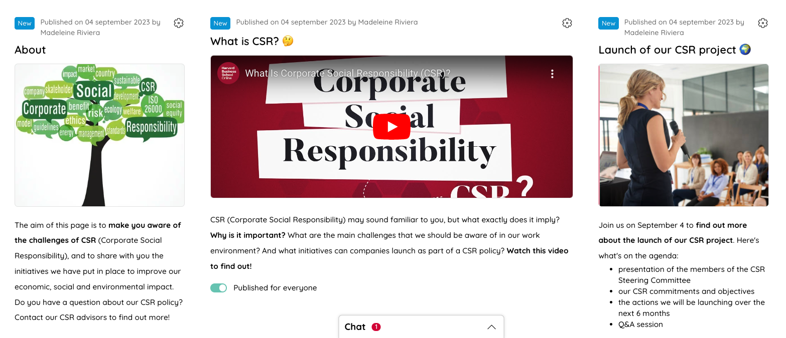 Example of a Talkspirit home page for internal CSR communication