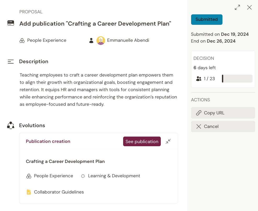 Submitting a proposal asynchronously on Talkspirit to document an HR process helps avoid decision fatigue