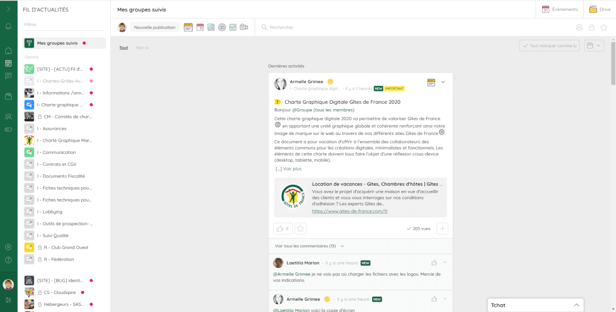 Publication de la communication interne sur Rezo 2.0, le réseau social interne de Gîtes de France®