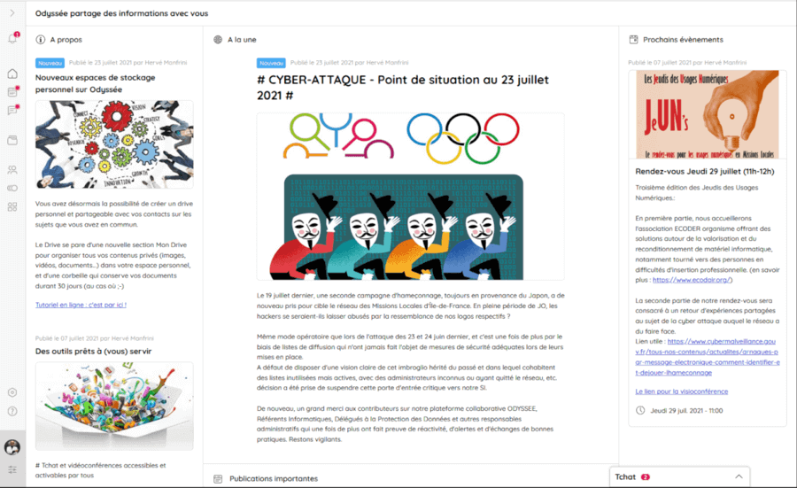 Page d'accueil d'Odyssée mettant en avant une actualité sur les cyberattaques