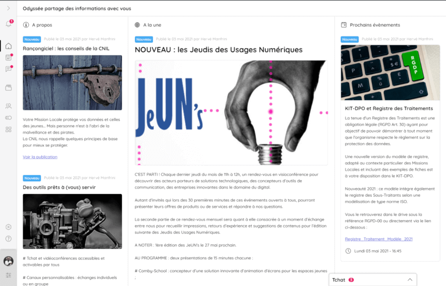 page d'accueil d'Odyssée mettant en avant les jeudis des usages numériques, un événement pour les missions locales