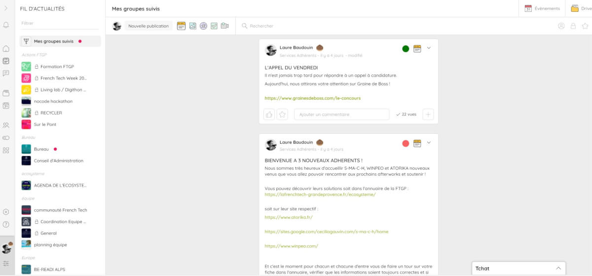 Fil d'actualités de la plateforme Talkspirit de la French Tech Grande Provence mettant en avant un appel à projet de startups