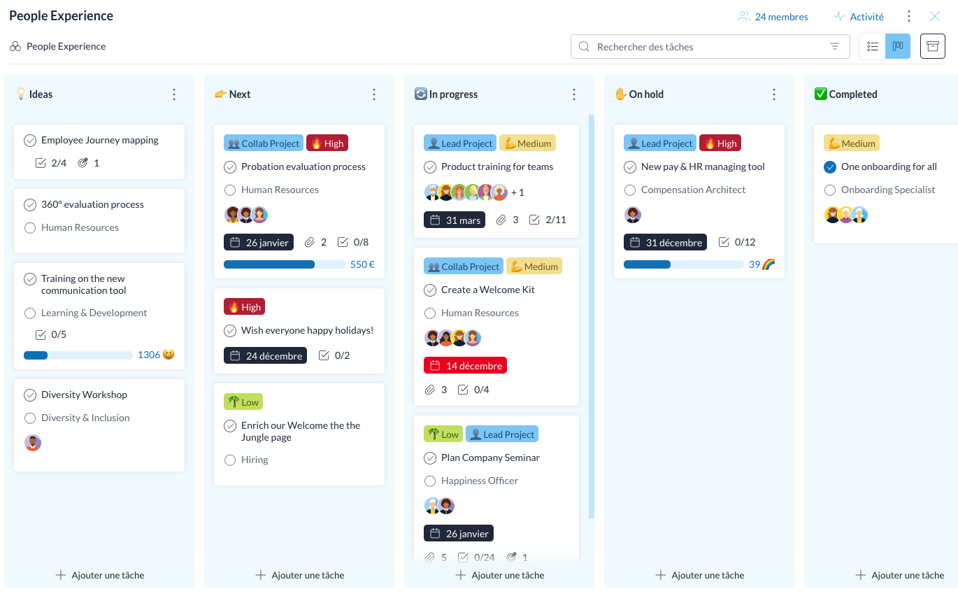 Tableau kanban pour gérer le suivi des projets RH sur Holaspirit