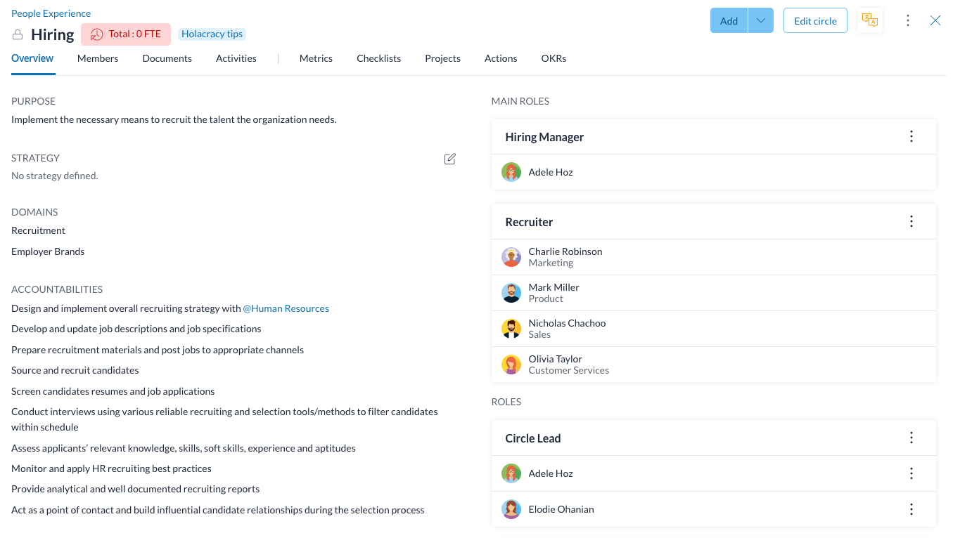 Description of an HR role's purpose, domains and accountabilities on Holaspirit