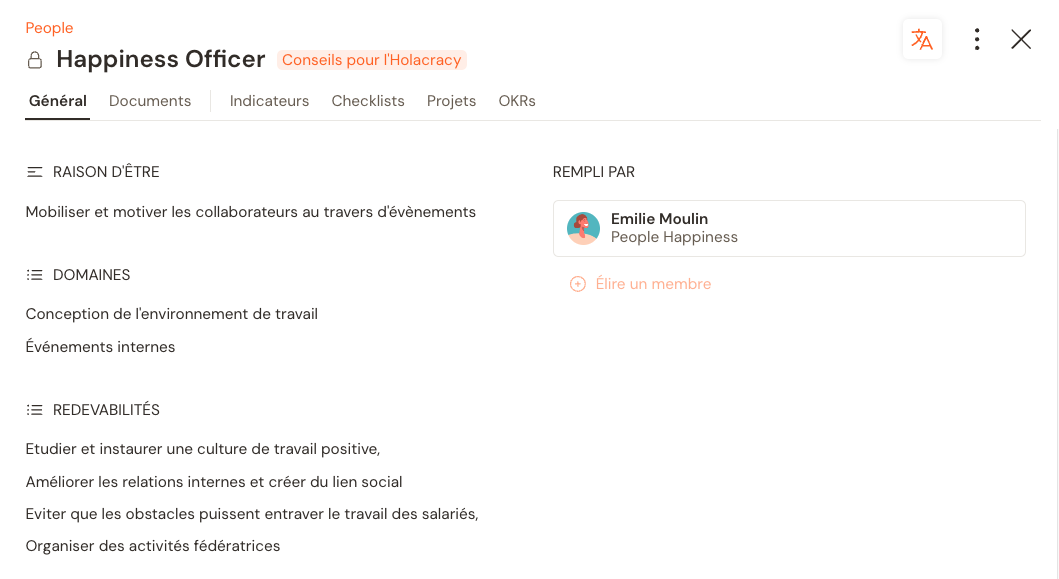 Description de la raison d’être, des domaines et les redevabilités d'un rôle sur Talkspirit pour une organisation en Holacratie