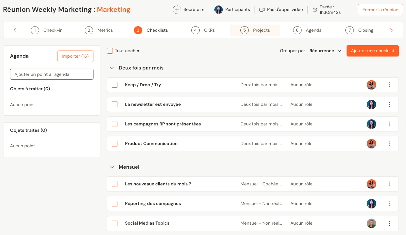 Revue de la check-list d’actions lors d’une réunion de triage sur Talkspirit
