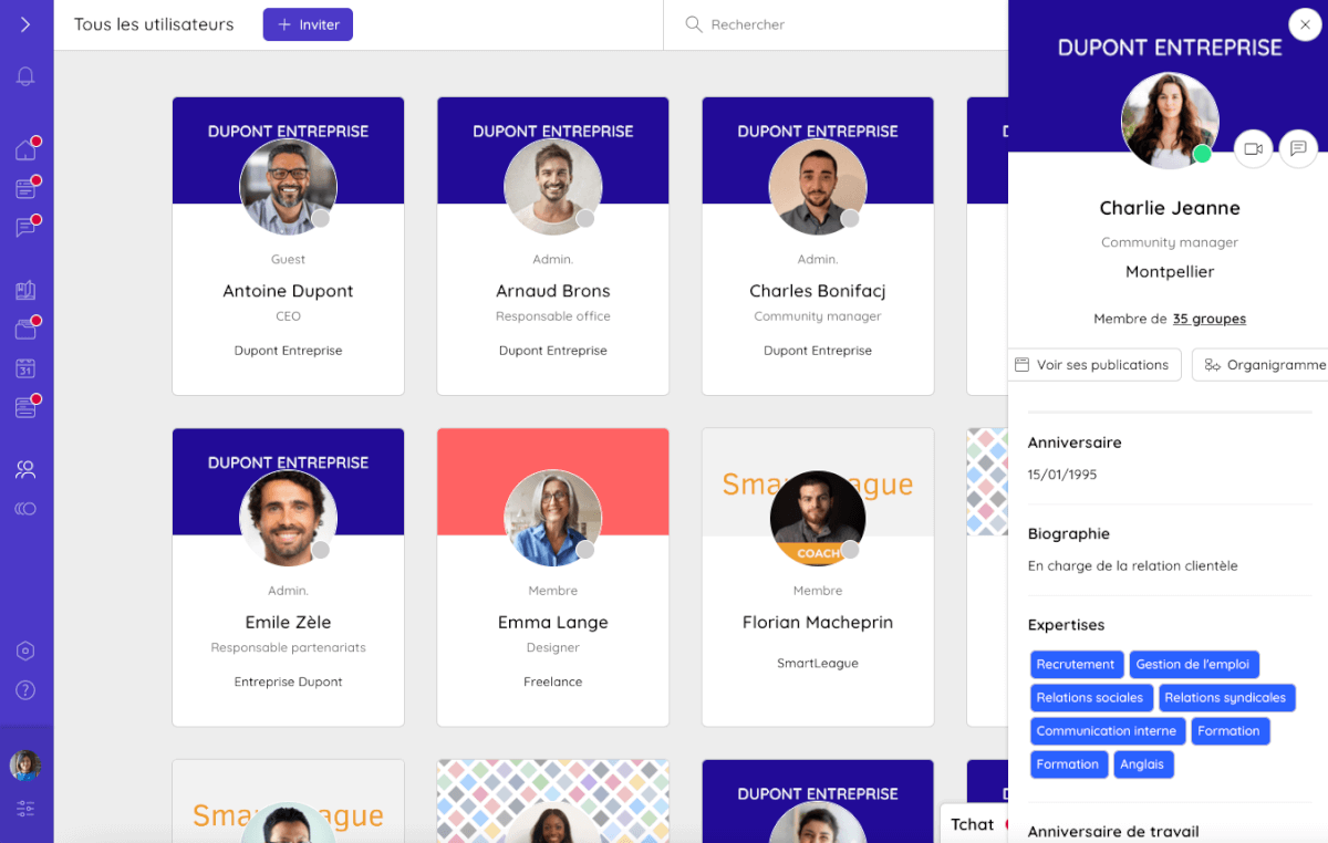 Exemple de fiche profil accessible depuis l'annuaire Talkspirit pour animer les membres du réseau