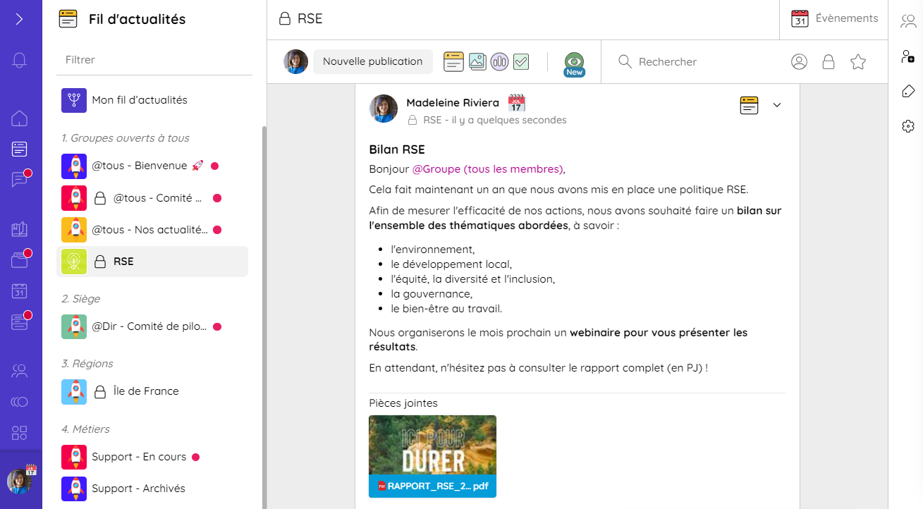 Publication Talkspirit sur un bilan RSE mettant en avant les résultats de la stratégie de performance durable