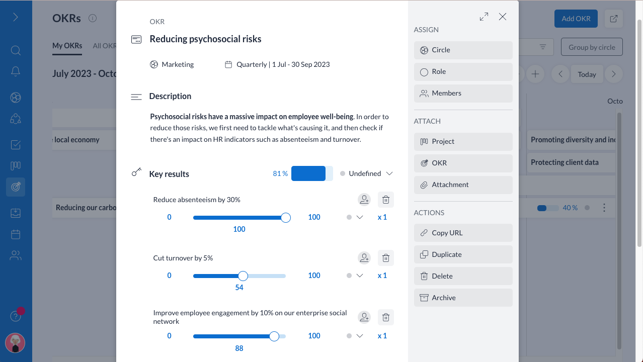 Tracking sustainable performance OKRs on Holaspirit